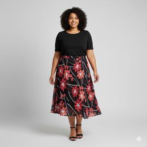 NWT JM Collection Riviera Floral Midi Skirt Black Red 22W Plus Size Lined
